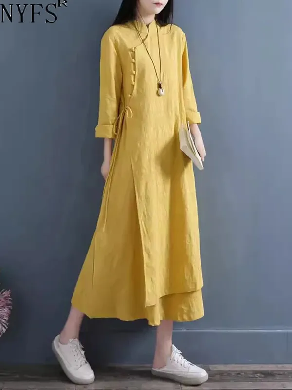 2026 Spring Autumn New Womens Dresses Vestidos Robe Elbise Loose Plus Size Cotton Linen Double Layer Long Dress — image 2