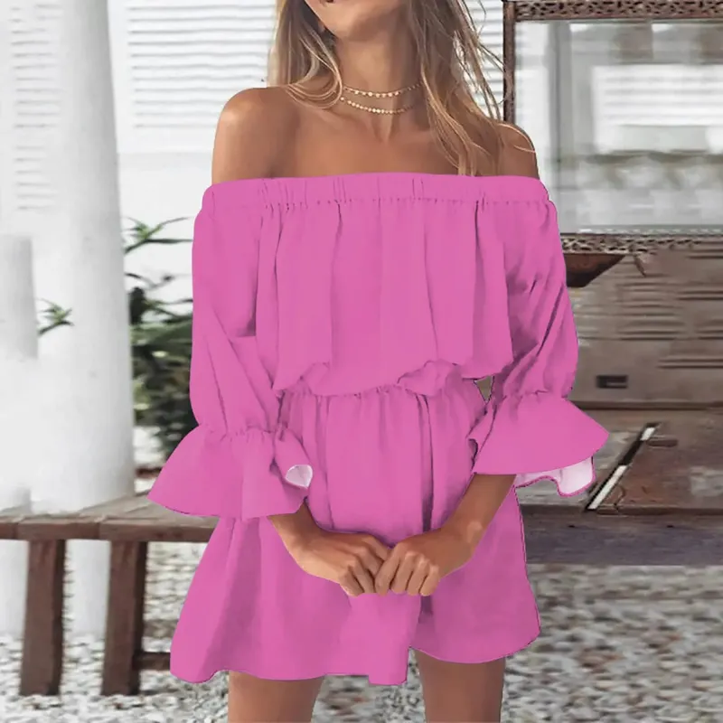 Sexy Off Shoulder Tunic Dress Women Solid Color Flare Sleeve Elastic Waisted Short Dresses Streetwear Midi Dress Ropa De Mujer