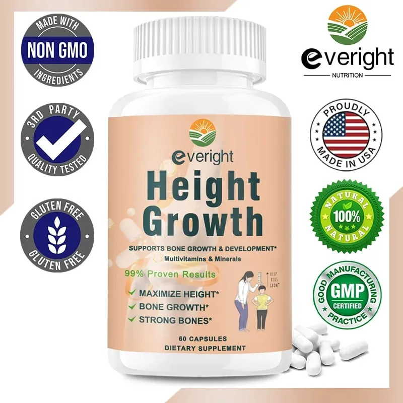 Suplemento para la fuerza ósea - para el crecimiento natural de la altura en adultos y niños - Alta absorción - Multivitaminas de calcio, magnesio y zinc