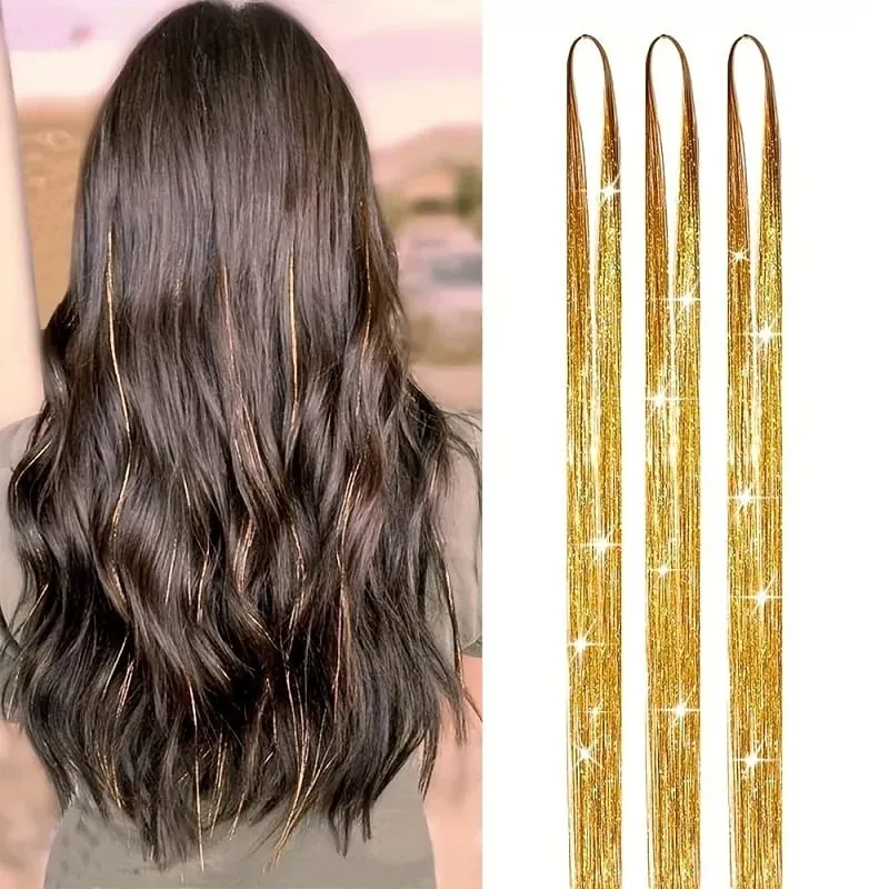 Extensions capillaires synthétiques brillantes de couleur arc-en-ciel, 90cm, 3 pièces/ensemble, guirlandes Laser longues et lisses, résistantes à la chaleur, Extensions de cheveux féeriques, fête quotidienne