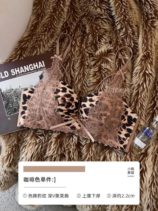 Set Pakaian Dalam Wanita Seksi Leopard Print Lace 32‑38AB Wayarles Tolak Sisi Sokongan Anti‑Sag Pure Desire Seluar dalam PANAS