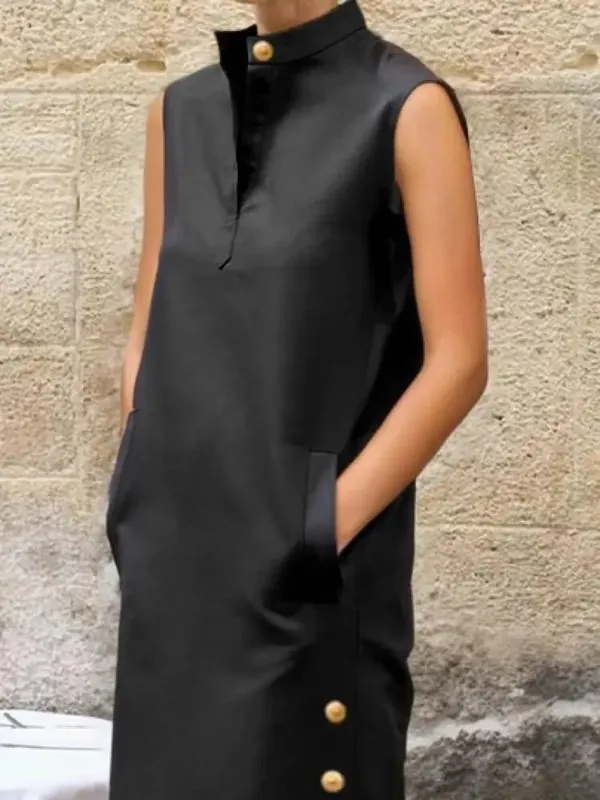 Yeezzi Women Fashion Split-Side Buttoned Stand Collar Evening Dresses 2026 New Sleeveless Solid Color H-Line Casual Shirts Dress — image 4