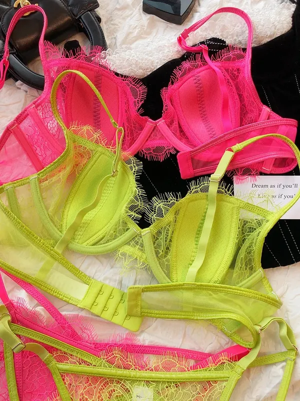 Summer Color Lace Underwear Set Sexy Thin Cup Breathable Bras Women Hollow Panties Set Female Deep V Push Up Brassiere Lingerie — image 3