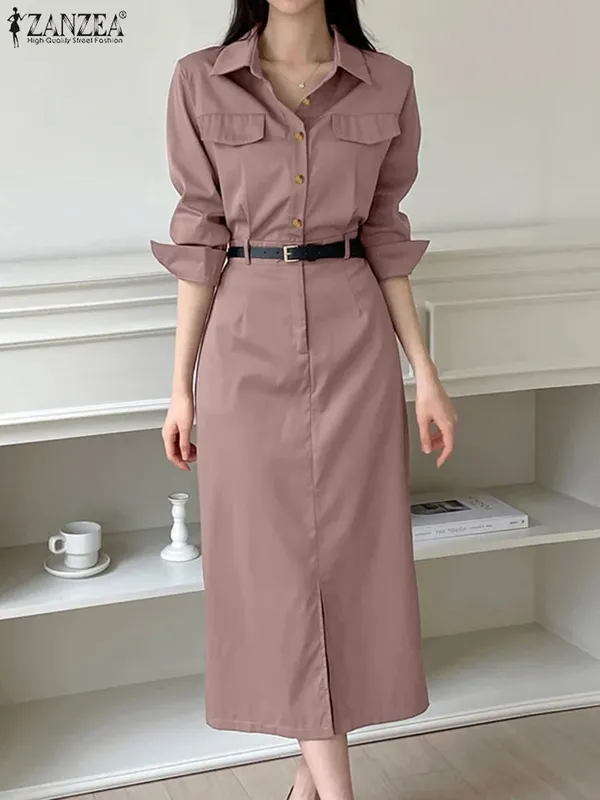 Elegant Women Dresses 2025 Autumn Long Sleeve Vestidos Solid Casual Waisted No Belted Robe Office Lady Midi Spilt Robe — image 1
