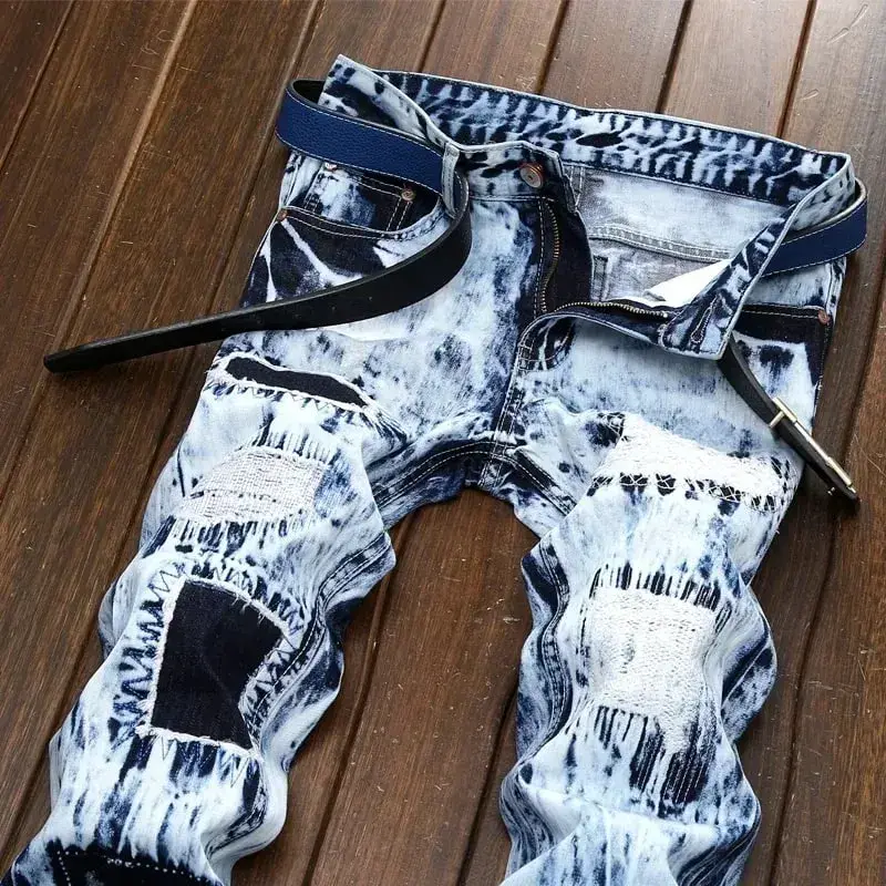 Men's Embroidered Patchwork Ripped Jeans (without Belt) Slim Fashion High Street Motorcycle Denim Pants Male Designer Clothes — image 4