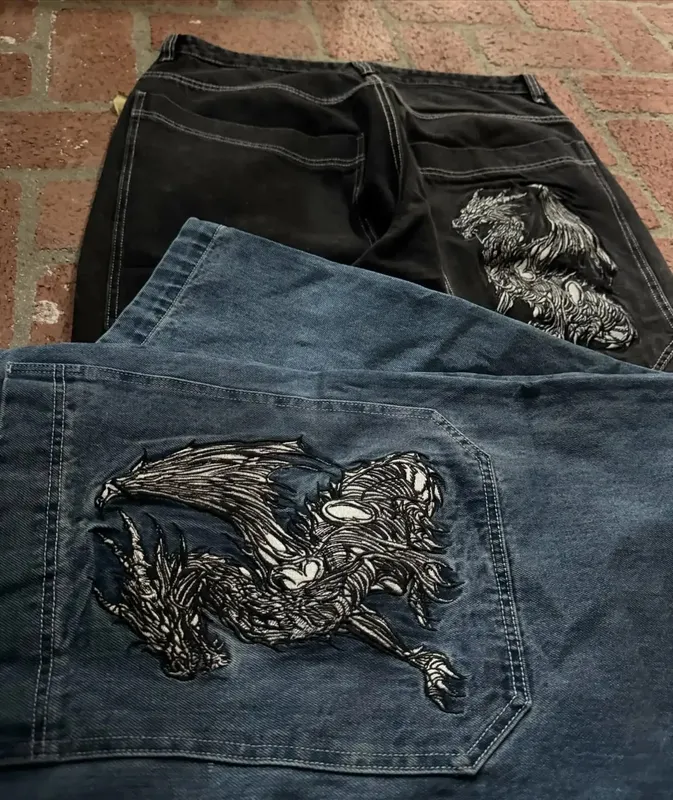 Y2K Gothic Nuclear Waste Embroidery Jeans Punk Straight Wide-leg Denim Pants Men Fashion Hip Hop Retro Baggy Jeans Streetwear — image 5