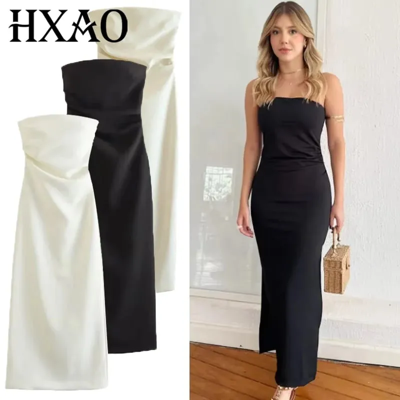 2025 Womens Strapless Dresses Summer Off White Black White Dress Midi Ruffled Off Shoulder Backless Dress Prom Vestidos 066 — image 1