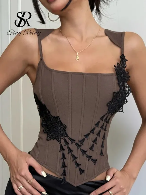 Hot Girl Embroidery Backless Camisole Female Strap Sleeveless Floral Design Crop Top Solid Chic Underwire Corset Top — image 5