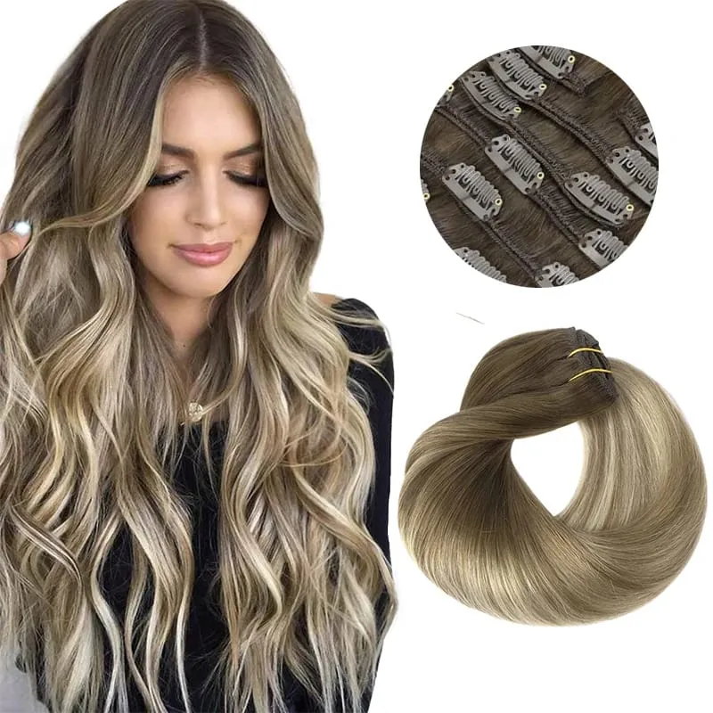 Sunmofavo Clip In Human Hair Extensions Straight Natural Light Brown Honey Ombre Balayage Black Hair Pieces For Women Full Head