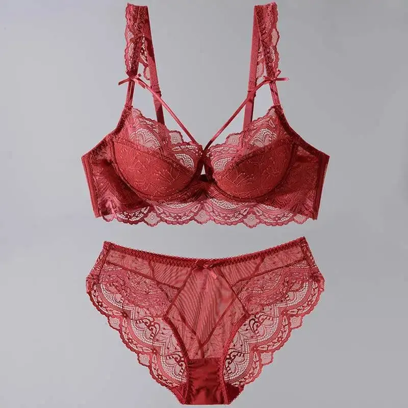 Elegante set di lingerie in pizzo stile francese attillato regolabile raccoglie busti più grandi look più piccolo reggiseno morbido da donna S-2XL reggiseno confortevole — image 2