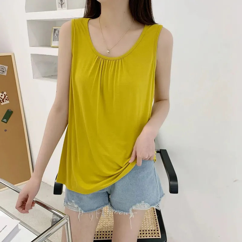 Summer Tank Tops Plus size O-neck Modal Pleated Camis wear inside Tee Tops sleeveless Casual Loose Top All match
