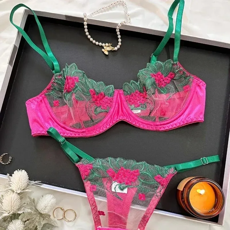 2-piece women's black comfortable lightweight semi transparent lingerie set Fancy Lingerie Floral Lace Bra Set Luxury Underwear — image 6