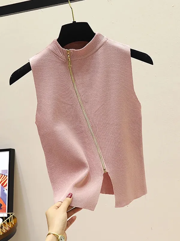 2026 Summer Spring zipper Knit Tank Top Cami Korean Camisole Elastic Vest O Neck Solid Color New Slim Breathable Tops White — image 4