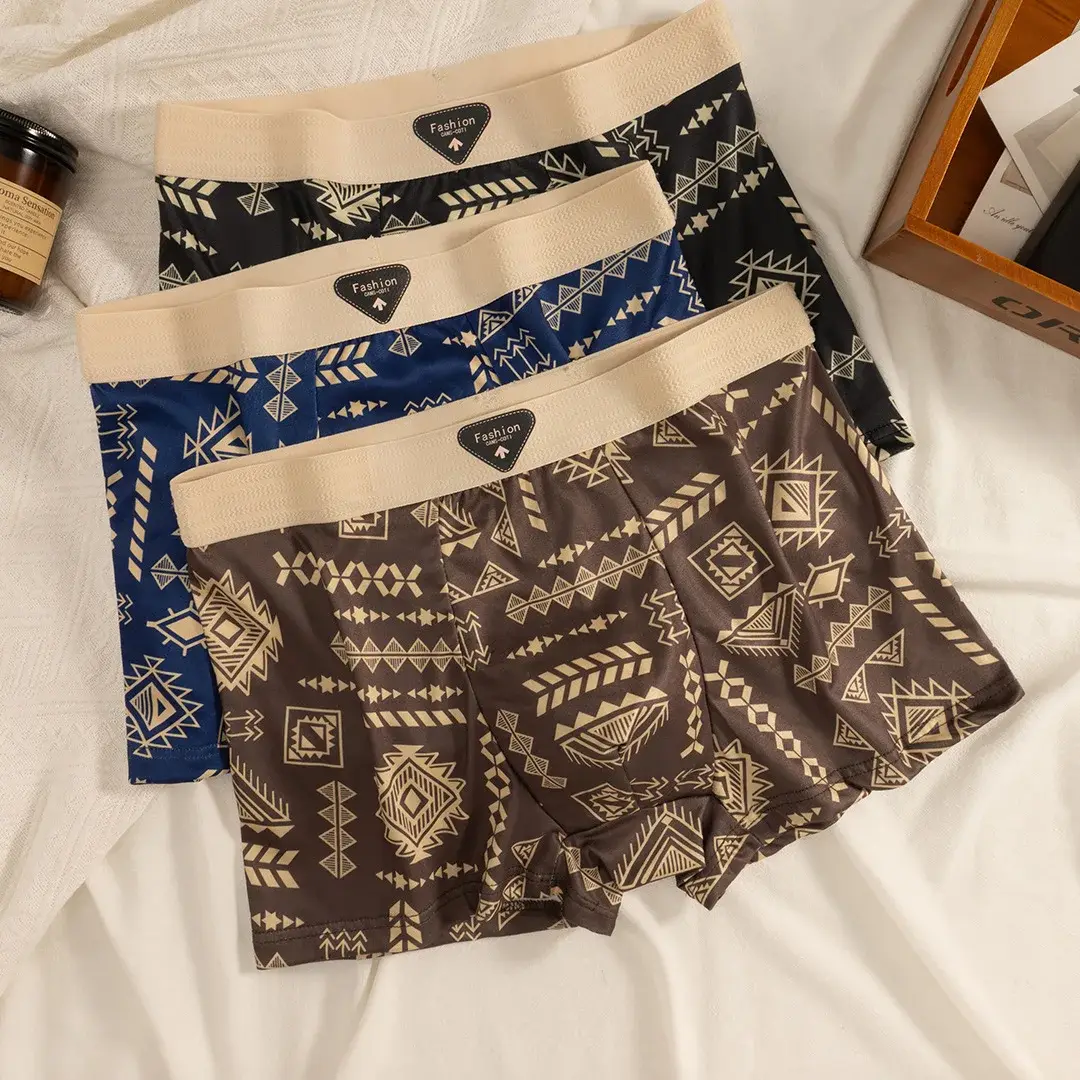 Men's Boxer Retro Ethnic Style Comfortable Smooth Fabric Briefs Vintage Print Elastic Underwear for Man Lingerie Flat Underpants — image 3