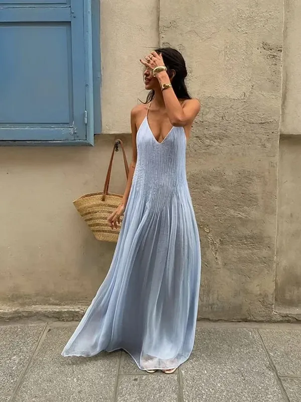 Chic Blue Pleated Backless Long Dress Women's Elegant Loose Hem V-neck Spaghetti Strap Dresses 2026 Lady Summer Beach Vestidos
