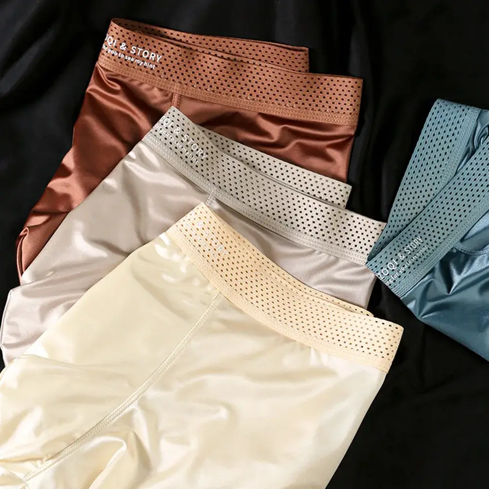 1pc Men Satin-like Ice Silk Boxers Smooth Panties Hollow Out Waistband Underpants Breathable Solid Color Underwear Trunk — image 6