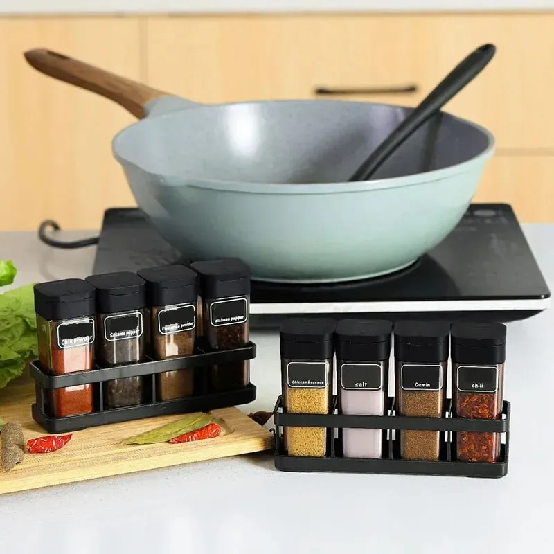 Spice Organizer Set 4-in-1 - Stackable Kitchen Bottles Airtight Lids for Salt Pepper Baking Countertop Space Saver Jars
