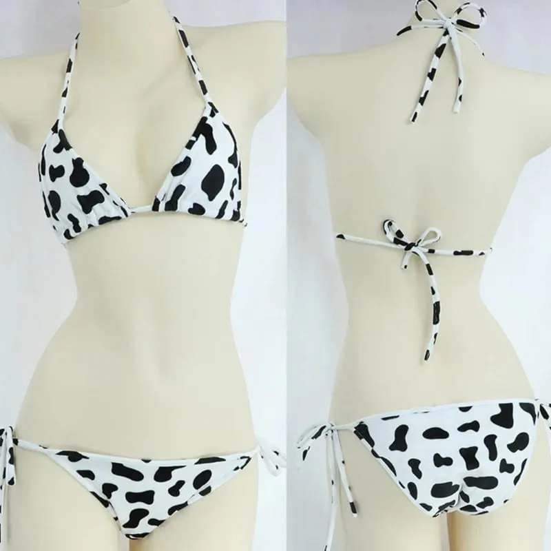 Womens Bikini Set Japanese Style Cute Milk Cow Dotted Mini Bikini Sets Underwear Halter Neck Bras Top with Briefs Panty — image 2