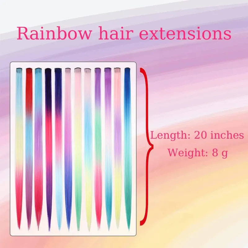 20 inch patchwork 3 color synthetic single clip rainbow color hair extensions 24 color hair extensions for girls holiday gifts — image 4