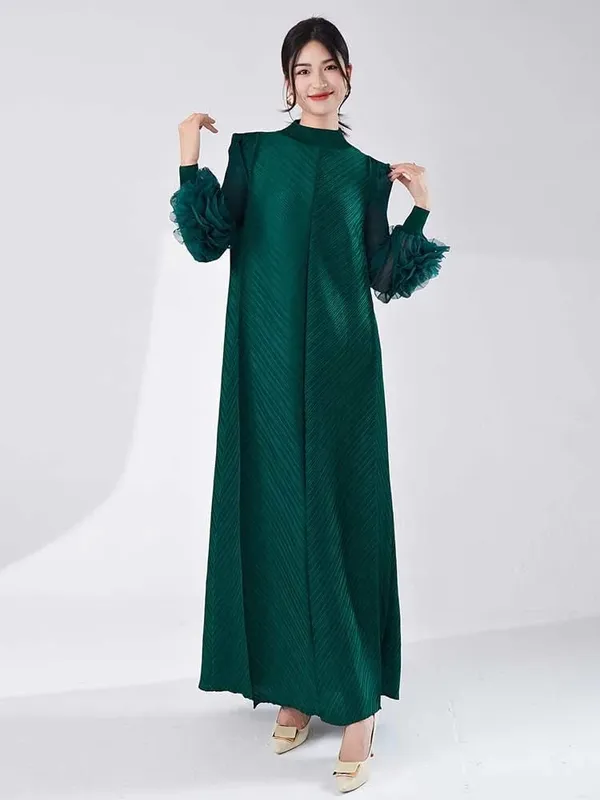 Long Pleated Dress With Ruffles Sleeves Loose Solid Color Stitching Female Party Clothing Summer New Clothes 2DA5900 — image 11