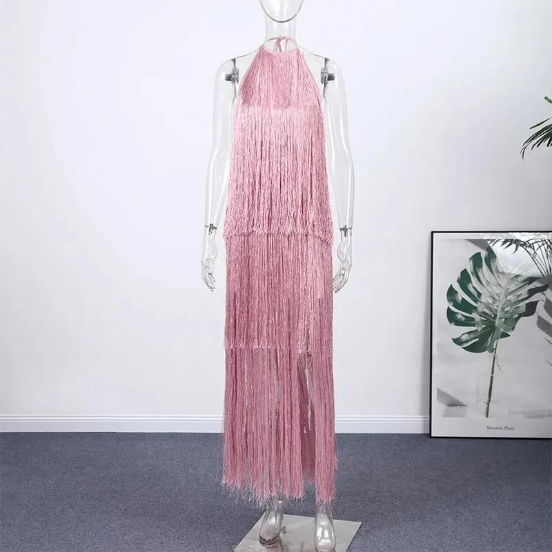 Vestido de festa feminino halter sem mangas sem costas borla sólida feminino longo vestidos de férias 2026 moda verão elegante senhora robe