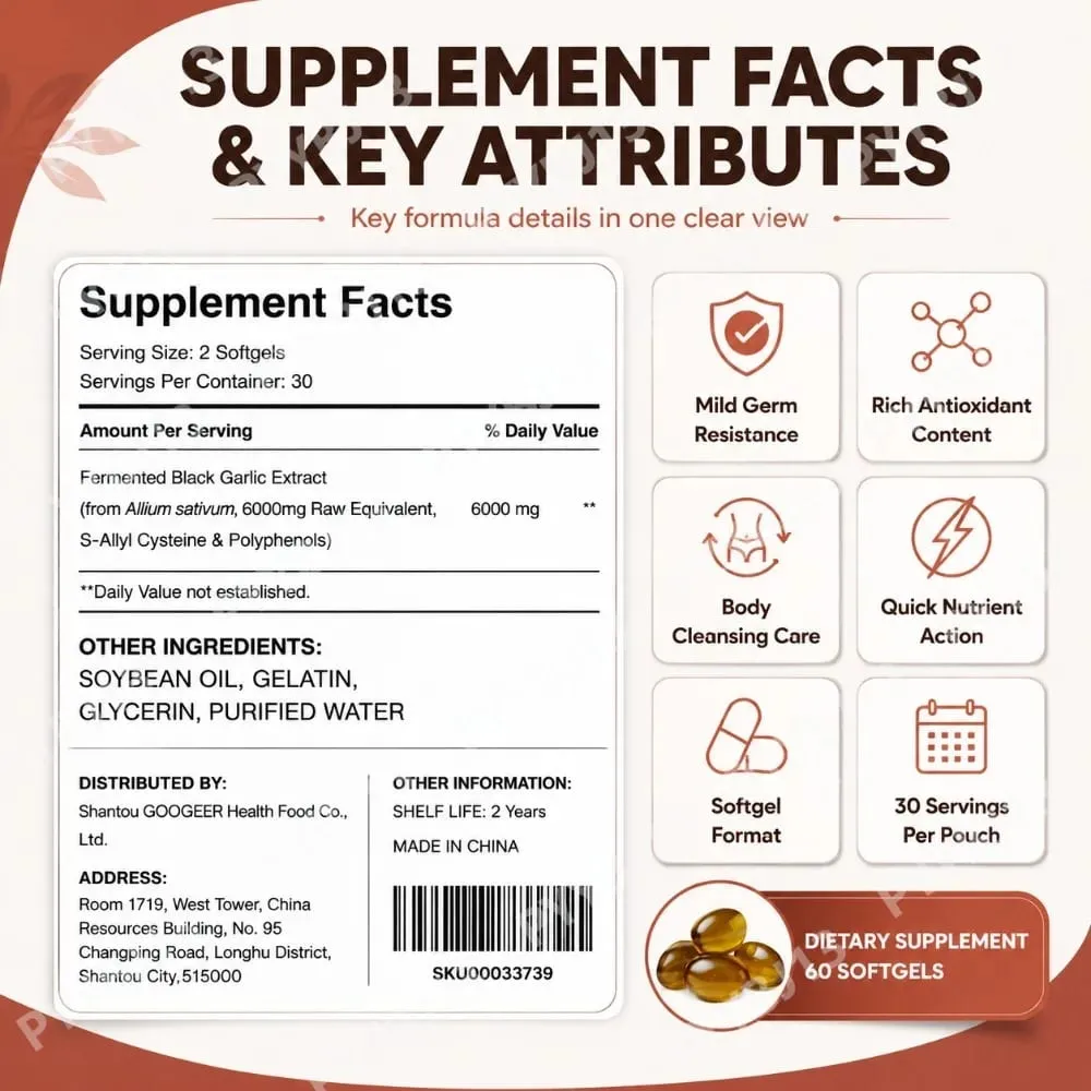 Googeer Fermented Black Garlic Extract Softgels with S-Allyl Cysteine and Polyphenols for Daily Wellness Support 60 Softgels — image 3