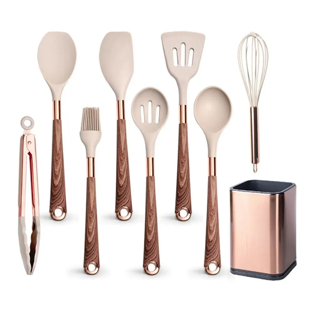 Silicone Cooking Utensils Set Non-Scratch Non-Stick Heat Resistant Spatula Spoon Rose Gold Handle With Bucket Kitchen Gift — image 12