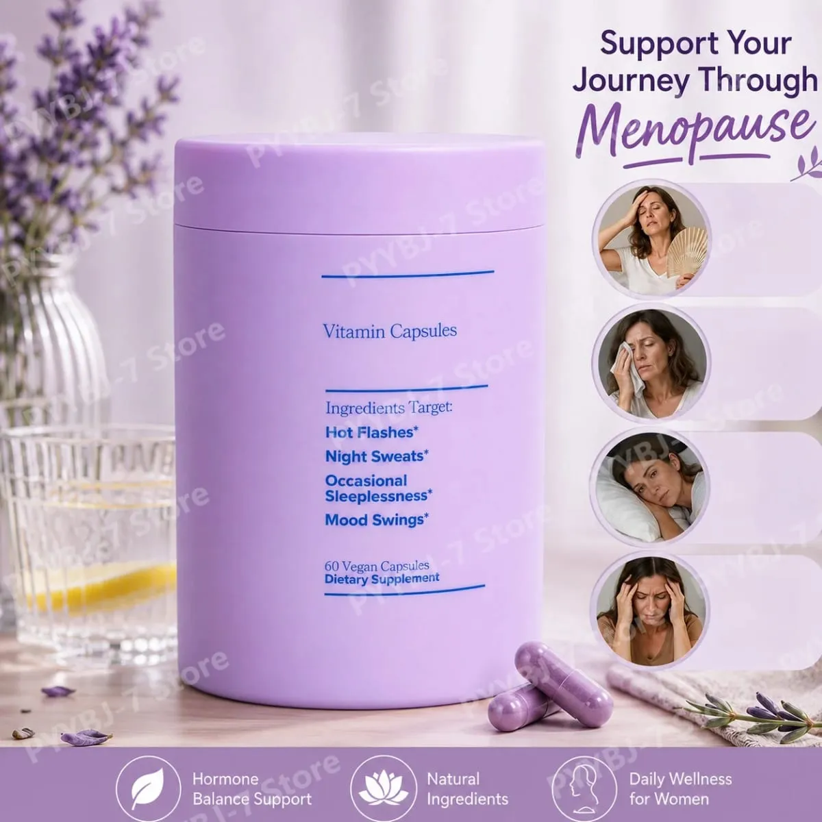 Vitamin Kompleks Wanita untuk Menopaus dengan Vitamin D3 B6 Membantu Melegakan Peluh Malam Perubahan Mood Suplemen Makanan Kesihatan 60 Keping — image 1