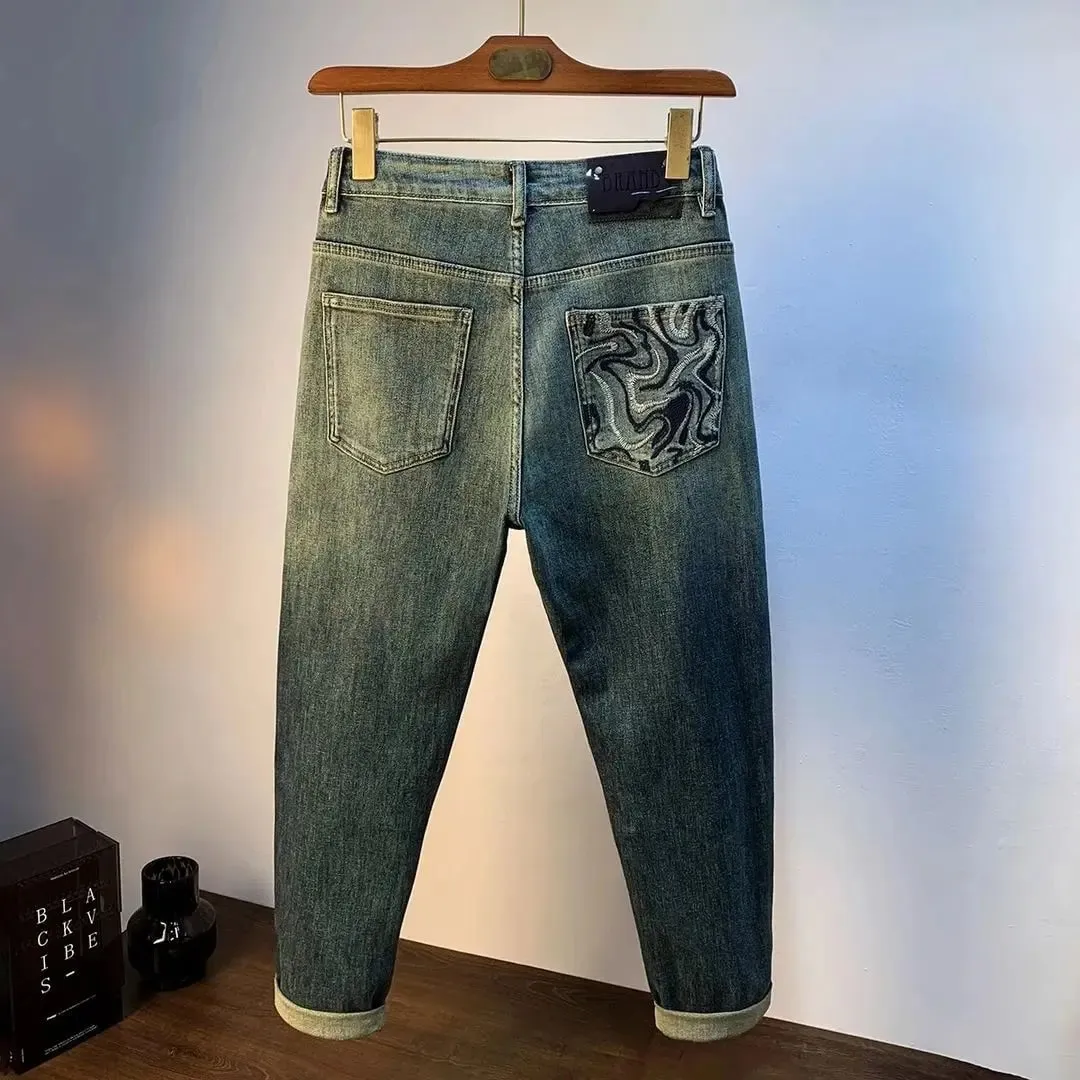 Jeans Men Luxury Summer Cowboy Men's High-end Jeans Autumn New Loose Gradual Washed Embroidery Narrow Feet Denim Trousers — image 3