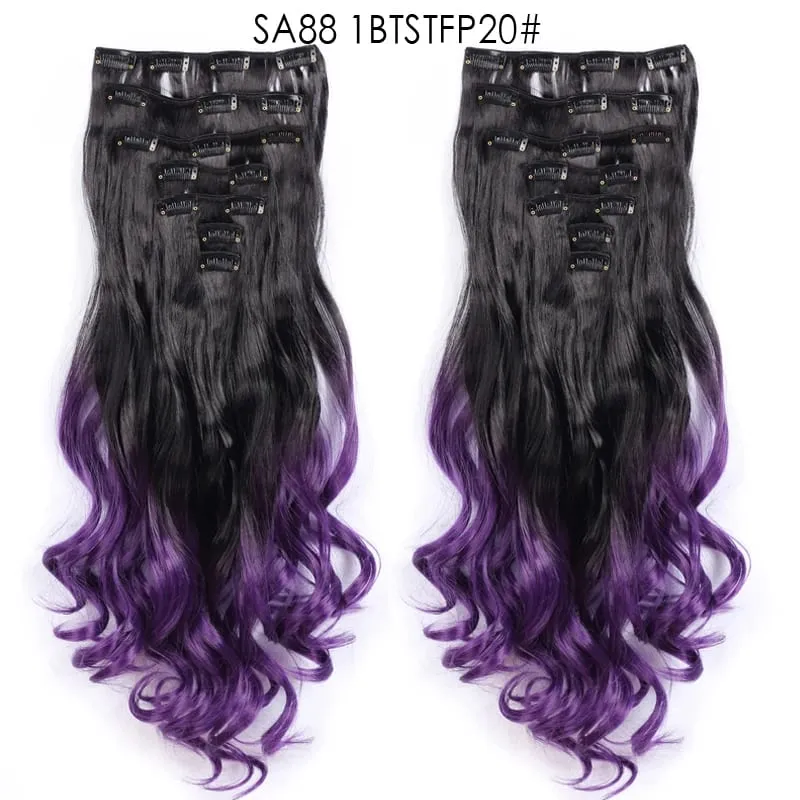 Clip in Long Wavy Synthetic Hair Extension 22 Inch Black 7PCS Thick Hairpieces Fiber Double Weft Hair for Women