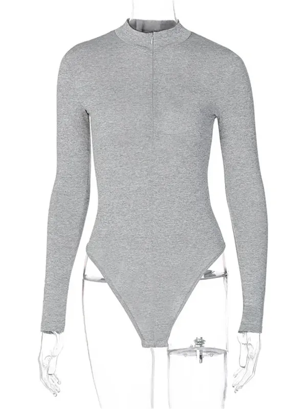 Shestyle Solid Zipper Bodycon Bodysuits Women Sexy Mock Neck Autumn Long Sleeve Fashion Slim Basic Body Winter Gray Outfits Lady — image 6