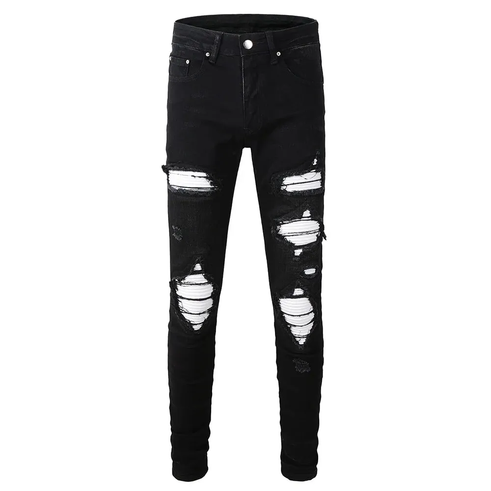 Men's White Pleated Patch Denim Jeans Streetwear High Stretch Denim Cotton Pants Ripped Skinny Tapered Black Trousers