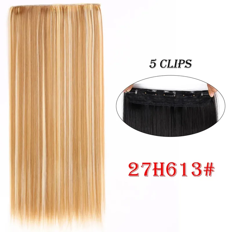 One Piece Clip In Hair Extensions 24" Straight Thick Synthetic Clip In Hairpieces Highlights Black Brown Soft For Women Daily