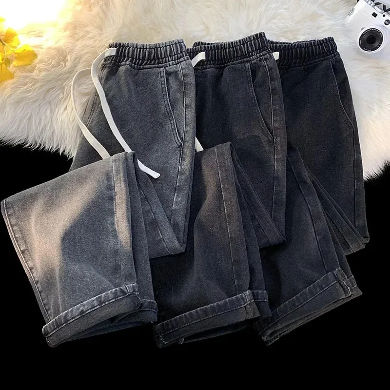 Casual Jeans Men's Baggy Straight Elastic Waist Drawstring Korea Fashion Male Vintage Denim Trousers Streetwear 3XL — image 3