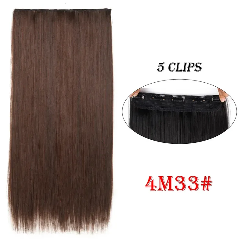 One Piece Clip In Hair Extensions 24" Straight Thick Synthetic Clip In Hairpieces Highlights Black Brown Soft For Women Daily