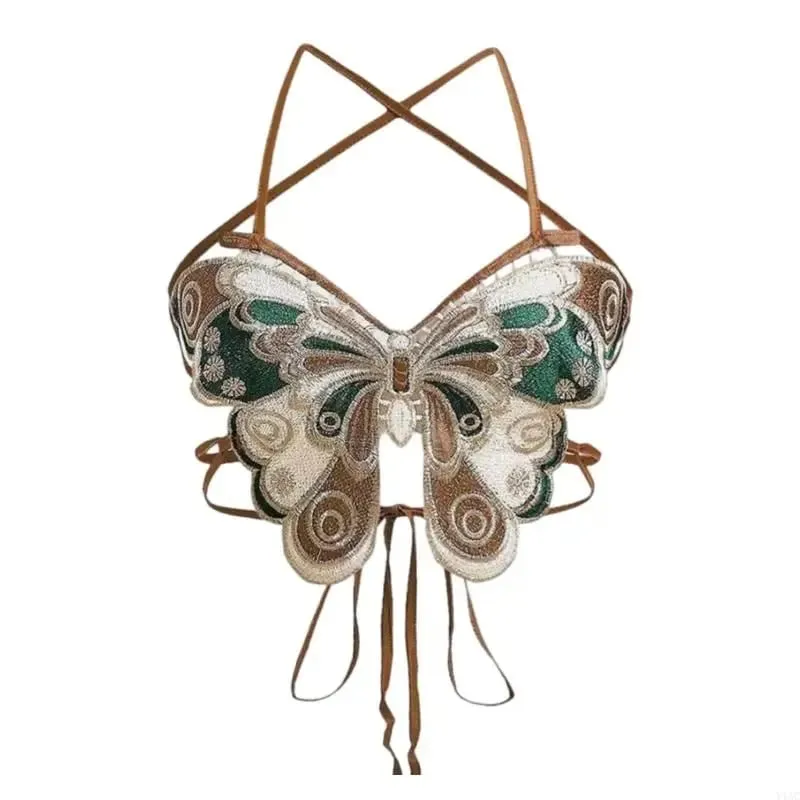 Y1AC Women Strappy Backless Beach Crop Top Butterfly Embroidery Halterneck Camisole — image 9