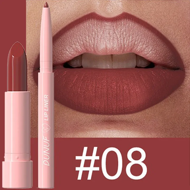 2Pcs/Set Lipstick+Lip Liner Makeup Kit Matte Nude Long-lasting Waterproof Non Staining Tapered Nib Lip Contour Pen Lip Cosmetics