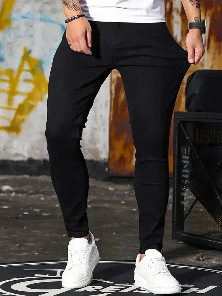 Men Jeans Stretch Skinny Denim Pants Solid Color Black Blue Spring Luxury Street Harajuku Hip-Hop Style Slim Fit Trousers Brand — image 2