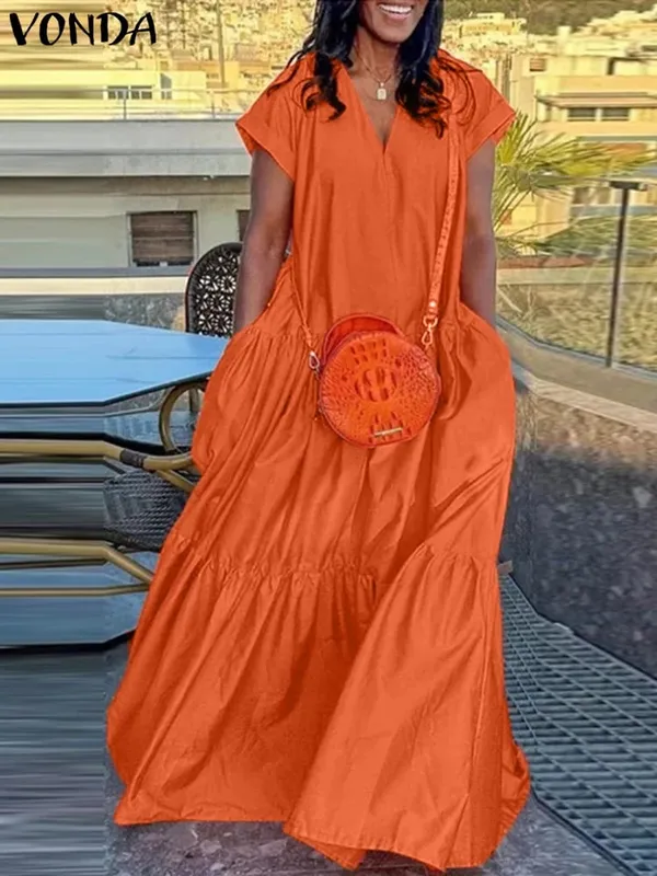 Plus Size VONDA Women Bohemian Dress 2025 Summer Sundress Solid Color Casual Short Sleeve Party Ruffled Vestidos V-Neck Robe