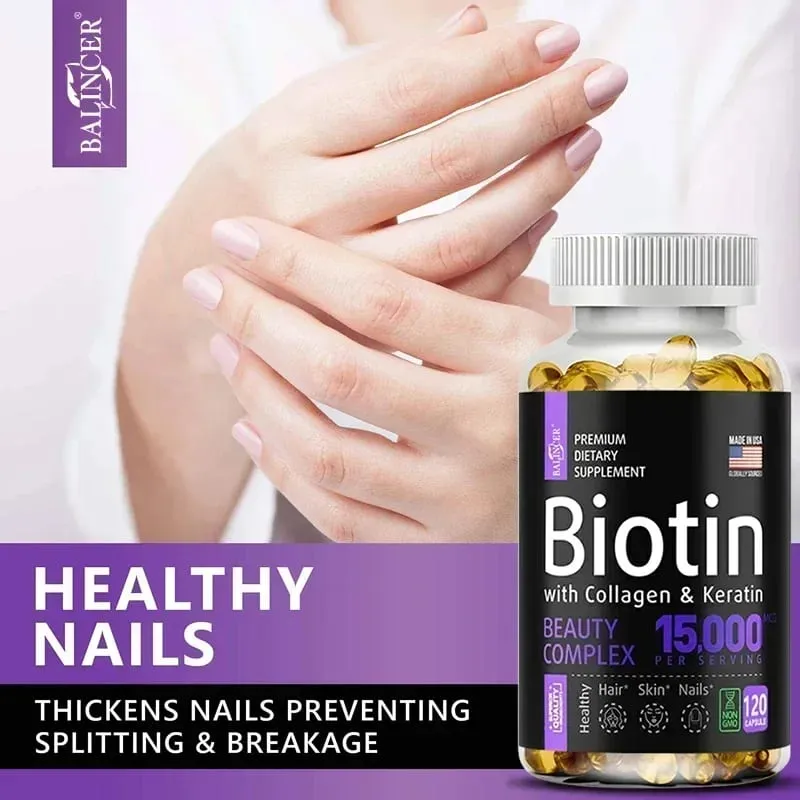 Biotin Supplement - 15 000 Mcg with Collagen and Keratin Vitamins Shiny Hair Skin and Nails Joint Health 30/60/120 Capsules — image 2