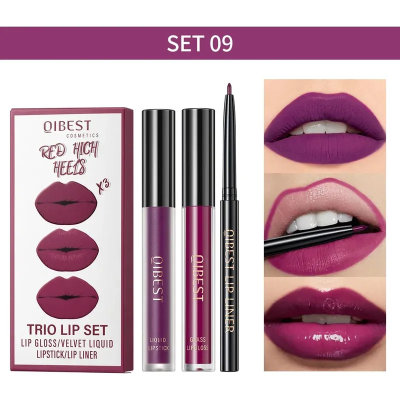Matte Liquid Lipstick&Lip Liner&Lip Gloss 3Pcs Sets Long Lasting Non-stick Cup Red Black Purple Lip Tint Cosmetics Kits — image 17