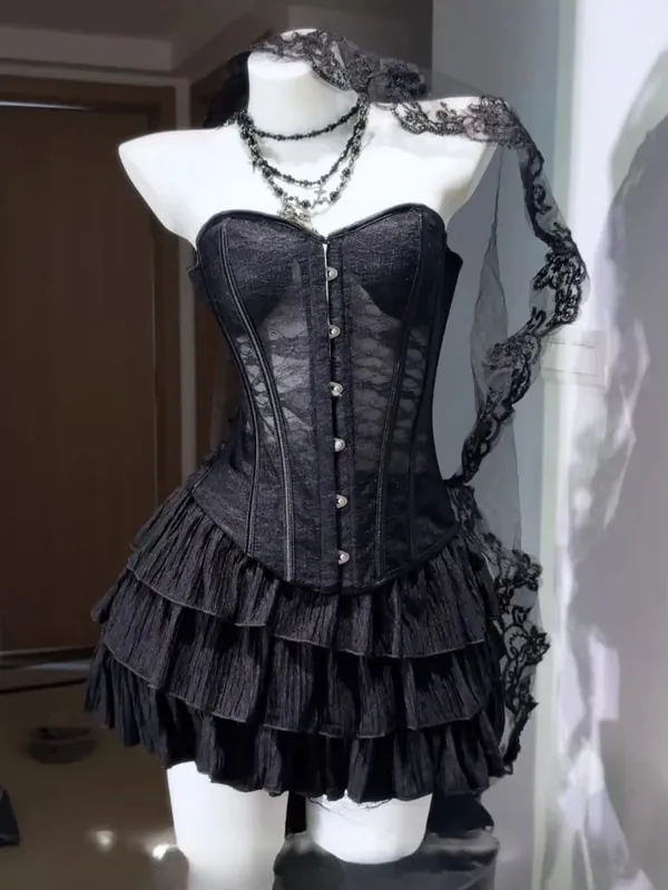 Estate Y2k dolce nero Lolita abito donna abbigliamento casual giapponese Kawaii abito da sera abbigliamento da festa capispalla Vintage Chic Nuovo