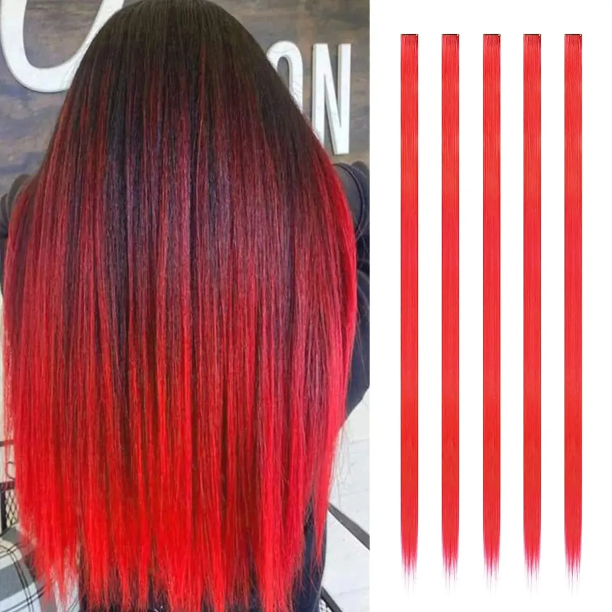 Synthetic 5PCS Colorful Hair Extensions Party Highlights Colorful Clip in Hair Extensions Straight Hairpieces for Women Girls — image 23