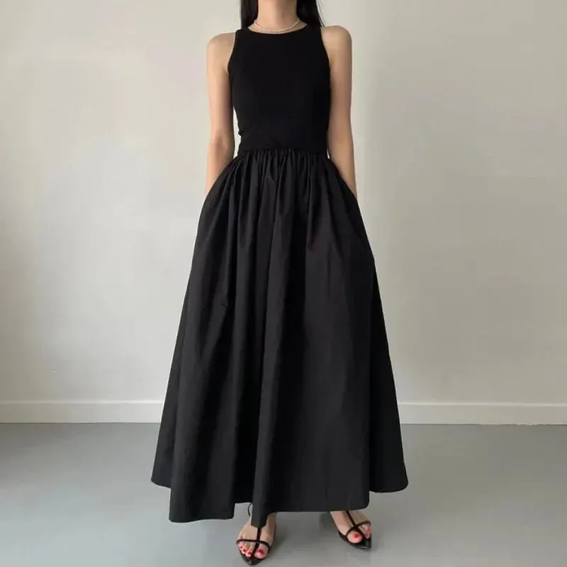 New Summer Simple Elegant Black Long Dresses For Women Round Neck Sleeveless High Waist Temperament Female Fashion Style Dress — image 1
