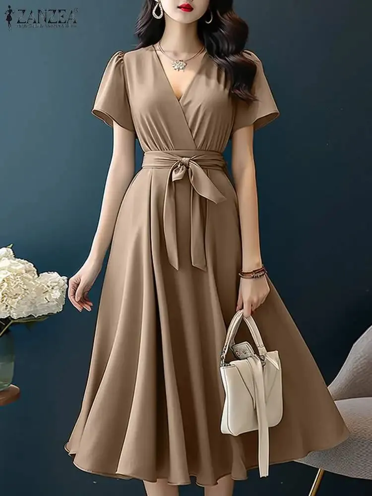 2024 Elegant Short Sleeve A-line Dresses Women Fashion Solid Color Holiday Belted Vestidos Casual V Neck Midi Sundress — image 2