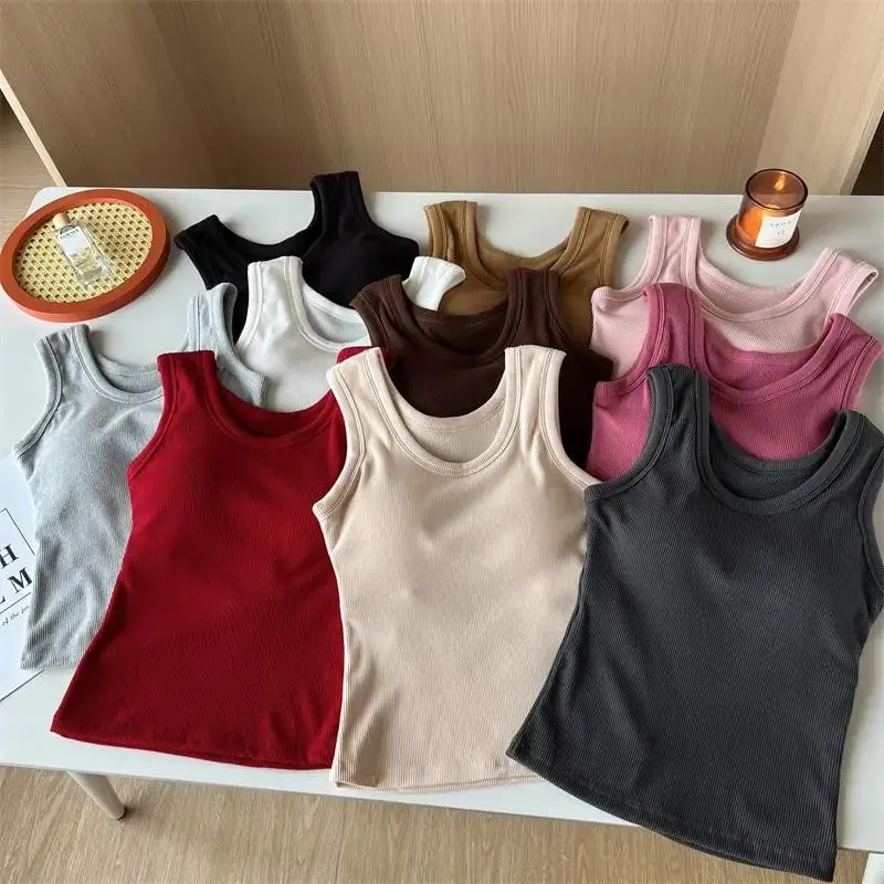 Women Solid Color O Neck Ribbed Tank Top Wide shoulder Strap Camisole 2025 Summer autumn Basic Camisole Elastic Tank Tops — image 3