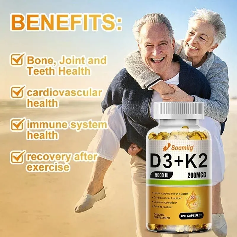 Vitamin D3 5000IU and 200 Mcg Vitamin K2 (MK-7) Capsules for Calcium Absorption Bone Regeneration Immune Support Easy To Melt