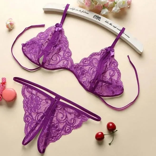 Nová modrá kontrastní krajka s volánkovým lemem set spodního prádla hluboké V šaty a tanga dámské sexy prádlo na spaní spodní prádlo dutá podprsenka kalhotky — image 7