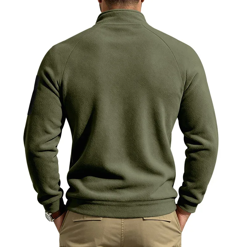 Men Fleece Stand Collar Sweatshirt Diagonal Zipper Arm Pocket Long Sleeve Loose Casual Pullover Autumn Winter Outdoor Tops — image 12