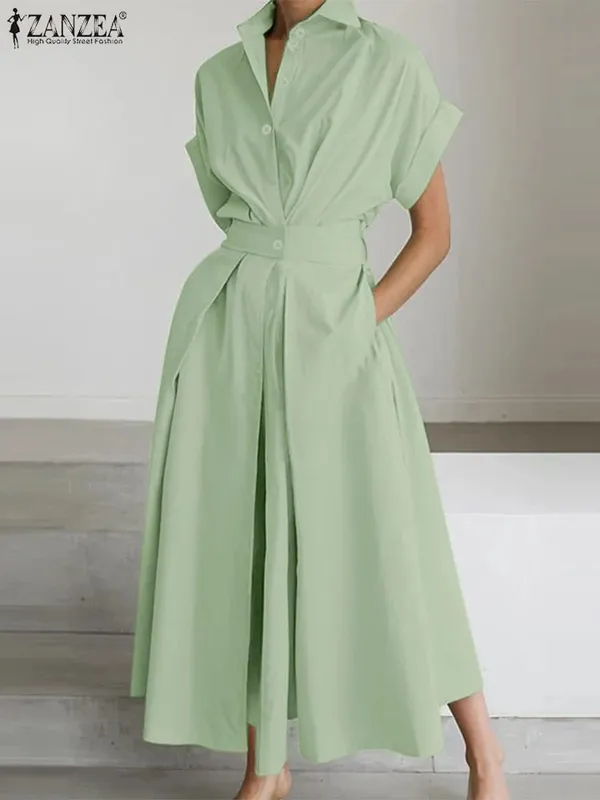 Elegant Chic Women Long Dresses Casual Short Sleeve Collared High Waisted Casual & Day Shirt Dress Solid Color S-3XL — image 9